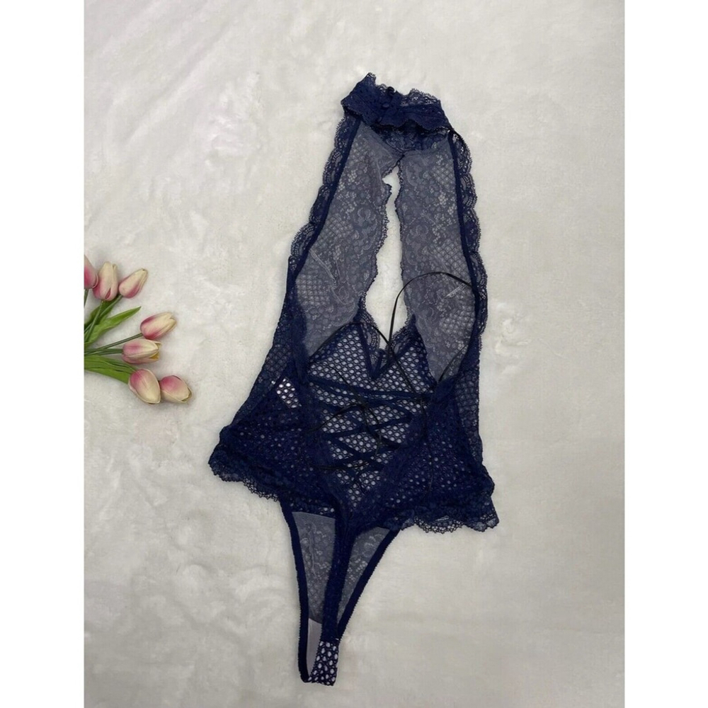 Victoria’s Secret Black Lace Teddy Bodysuit High Neck Open Front Lace Up Back M - Picture 5 of 9